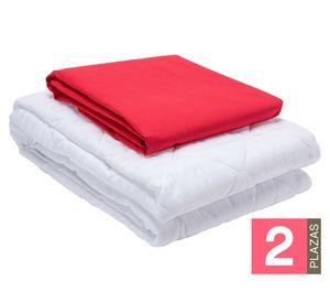 Juego de sábanas 2 plazas rojo + Cubre colchón blanco