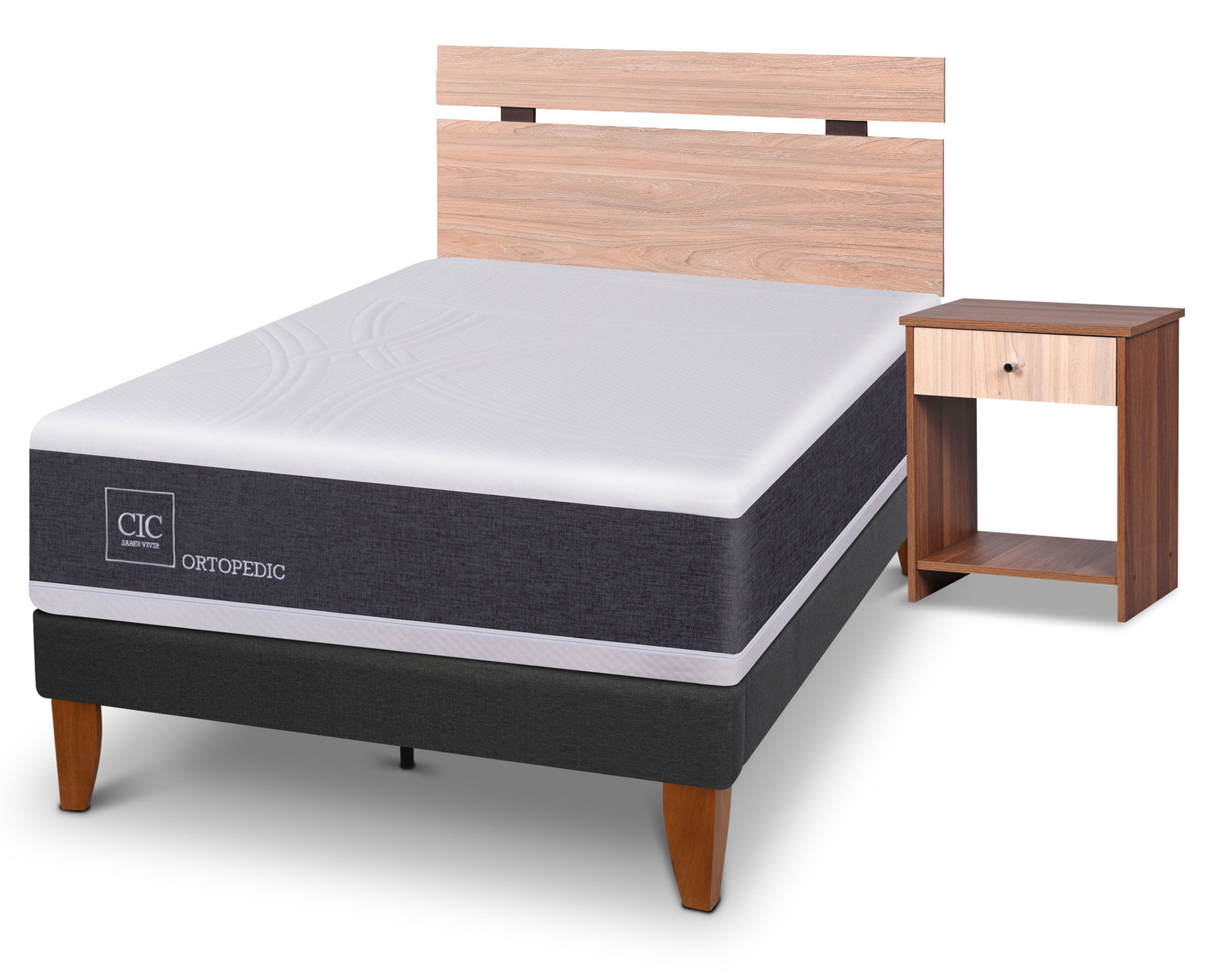 Cama Europea Curve New Ortopedic 1.5 Plazas Olmo con Respaldo y Velador