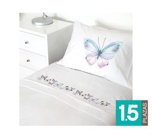 Juego Sábanas 1.5 plazas Mariposas rosadas blanco