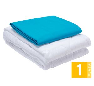 Juego de sábanas 1 plaza celeste + Cubre colchón blanco