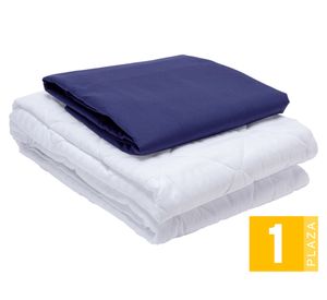 Juego de sábanas 1 plaza azul + Cubre colchón blanco