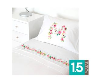 Juego sábanas 1.5 plazas 200 hilos Letras vintage M blanco
