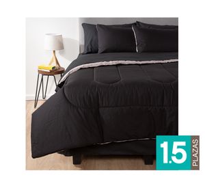 Plumón bicolor 1.5 plazas negro/gris + Juego de sábanas negro + Cubre colchón blanco + Faldón negro