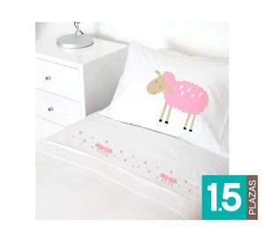Juego sábanas 1.5 plazas 200 hilos Ovejita rosada blanco