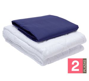 Juego de sábanas 2 plazas azul + Cubre colchón blanco