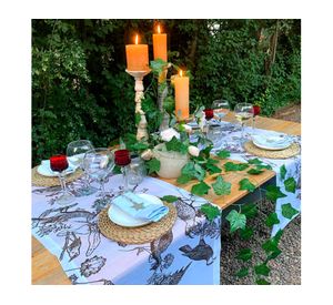 Camino de mesa Aves chilenas blanco velo organza 180x60 cm