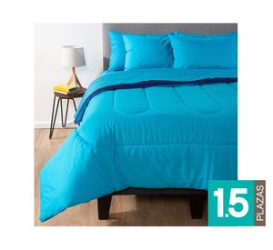 Plumón bicolor 1.5 plazas celeste/azul + Juego de sábanas celeste