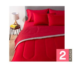 Plumón bicolor 2 plazas rojo/gris + Juego de sábanas rojo + Faldon rojo + Cubre colchón blanco