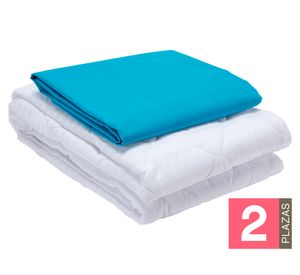 Juego de sábanas 2 plazas celeste + Cubre colchón blanco