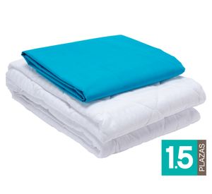 Juego de sábanas 1.5 plazas celeste + Cubre colchón blanco
