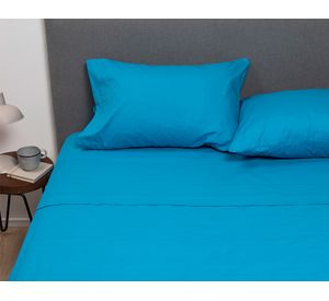 Juego de sábanas 1.5 plazas celeste + Cubre colchón blanco