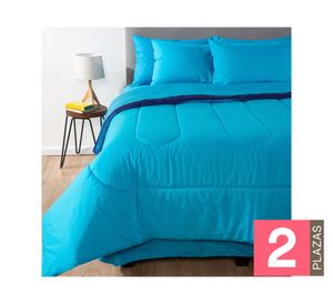 Plumón bicolor 2 plazas + Juego de sábanas + Faldón azul