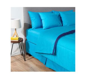 Plumón bicolor 2 plazas + Juego de sábanas + Faldón azul