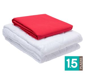 Juego de sábanas 1.5 plazas rojo + Cubre colchón blanco