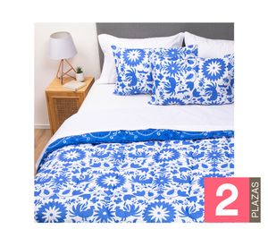 Plumón méxico 2 plazas azul + Juego de sábanas blanco + Faldón blanco
