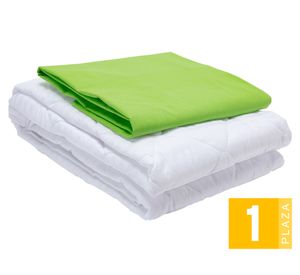 Juego de sábanas 1 plaza verde + Cubre colchón blanco