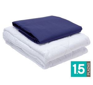 Juego de sábanas 1.5 plazas azul + Cubre colchón blanco