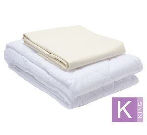 Juego de sábanas King beige + Cubre colchón blanco