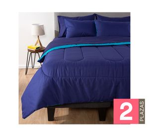 Plumón bicolor 2 plazas + Juego de sábanas + Cubre colchón azul/celeste