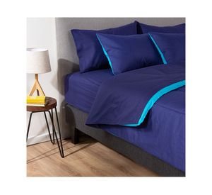 Plumón bicolor 2 plazas + Juego de sábanas + Cubre colchón azul/celeste