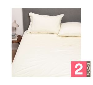 Juego de sábanas 2 plazas beige + Cubre colchón blanco
