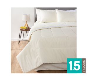 Plumón bicolor 1.5 plazas beige/blanco + Juego de sábanas beige + Faldón beige