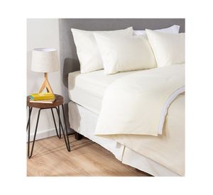 Plumón bicolor 1.5 plazas beige/blanco + Juego de sábanas beige + Faldón beige