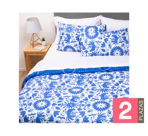 Plumón méxico 2 plazas azul + Juego de sábanas blanco