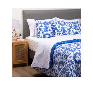 Plumón méxico 2 plazas azul + Juego de sábanas blanco