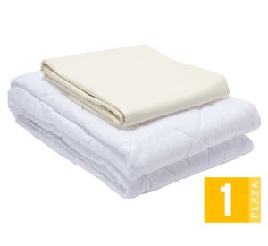 Juego de sábanas 1 plaza beige + Cubre colchón blanco