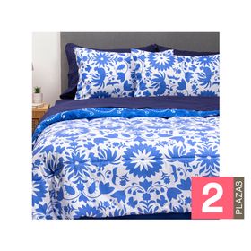 Plumón méxico 2 plazas azul + Juego de sábanas azul + Cubre colchón blanco