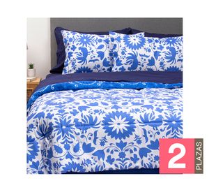 Plumón méxico 2 plazas azul + Juego de sábanas azul + Cubre colchón blanco