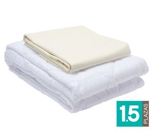 Juego de sábanas 1.5 plazas beige + Cubre colchón blanco