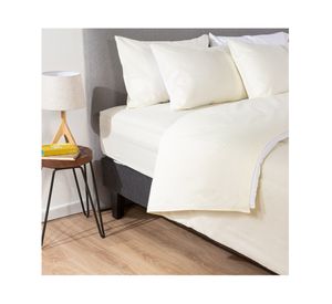 Plumón bicolor 1.5 plazas beige/blanco + Juego de sábanas beige + Cubre colchón blanco
