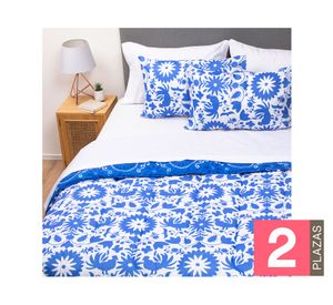 Plumón méxico 2 plazas azul + Juego de sábanas blanco + Faldón blanco