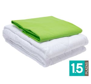Juego de sábanas 1.5 plazas verde + Cubre colchón blanco