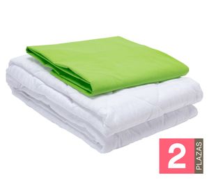 Juego de sábanas 2 plazas verde + Cubre colchón blanco