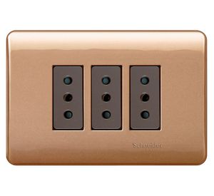Placa armada tomacorriente triple 10A 2P+T Génesis dorado Schneider