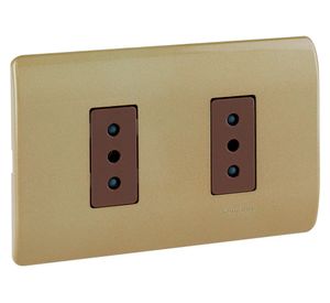 Placa armada tomacorriente doble 10A 2P+T Génesis dorado Schneider