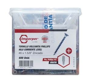 Tornillo Volcanita N°6 x 1 5/8’’ Roscalata gruesa zincado Balde 600 unidades + punta Imporper