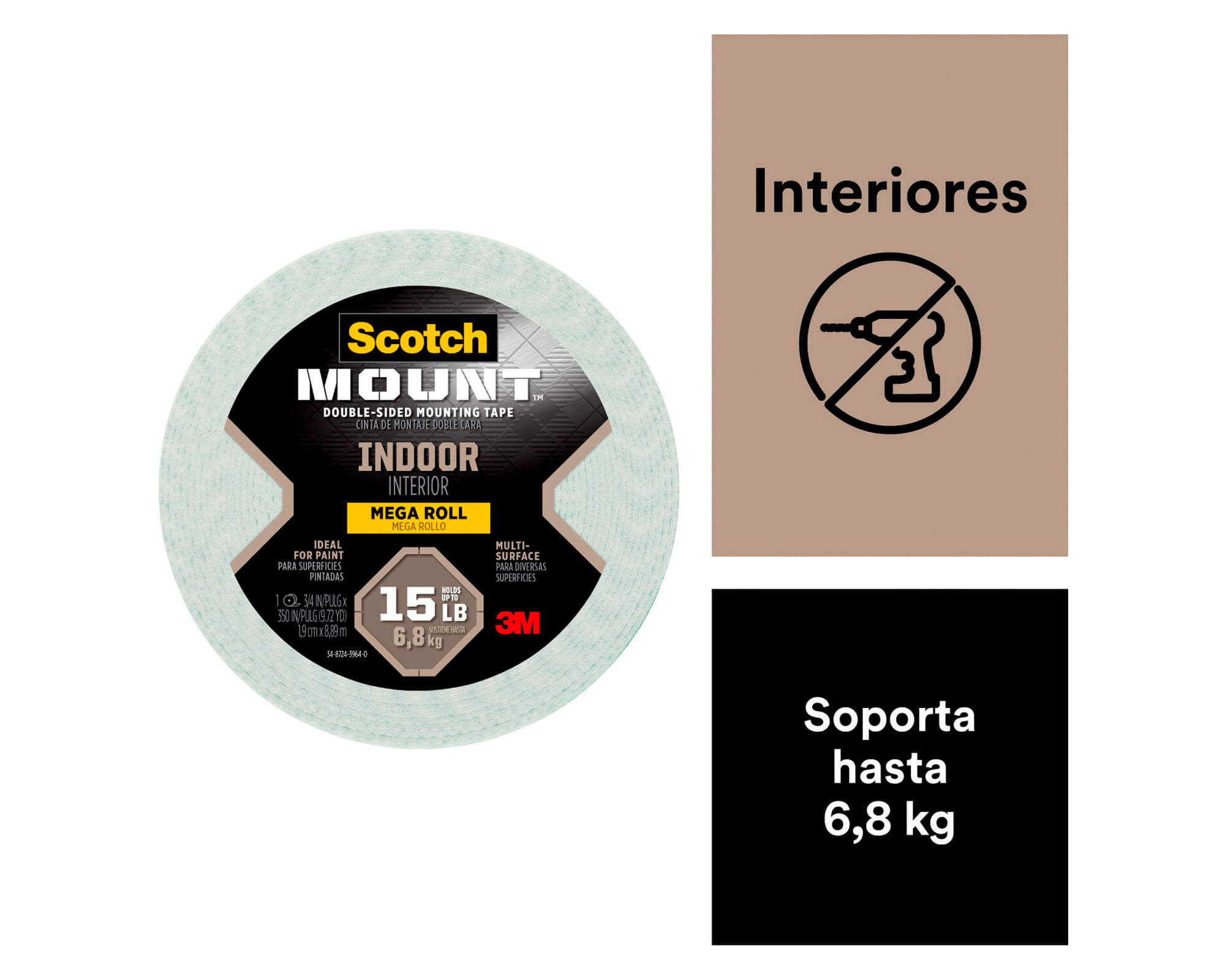 Cinta montaje doble faz Interior 1.9 cm x 8.89 m blanco | Easy.cl