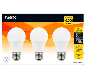 Ampolleta LED 9W E27 luz cálida 3 unidades Nex