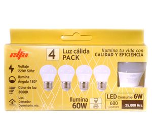 Pack 4 ampolletas Led 6W E27 luz cálida Globo G45