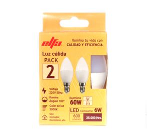 Pack 2 ampolletas Led 6W E14 luz cálida Vela