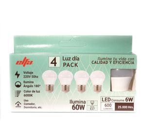 Pack 4 ampolletas Led G45 E27 Día 6 W