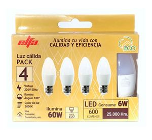 Pack 4 ampolletas Led 6W E27 luz cálida Vela