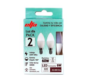 Pack 2 ampolletas Led Vela E14 Día 6 W
