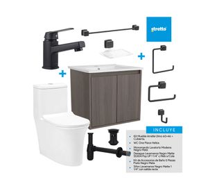 Mueble vanitorio Amelie 60 cm ulmo Negro Mate + WC + grifería + desagüe/sifón + accesorios