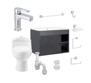 Mueble vanitorio Paris 60 cm texturado dark grey + WC + grifería + desagüe/sifón + accesorios