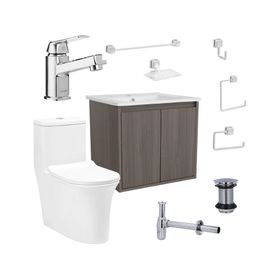 Mueble vanitorio Amelie 60 cm ulmo cromo + WC + grifería + desagüe/sifón + accesorios